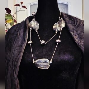 Glamour/Evening Chunky Glam Glass Crystal Long Necklace - Clear & Gray Tones